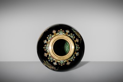 Lot 143 - NAMIKAWA YASUYUKI: A MAGNIFICENT BLACK-GROUND CLOISONNÉ ENAMEL ‘WRITHING DRAGONS’ SPHERICAL JAR AND COVER