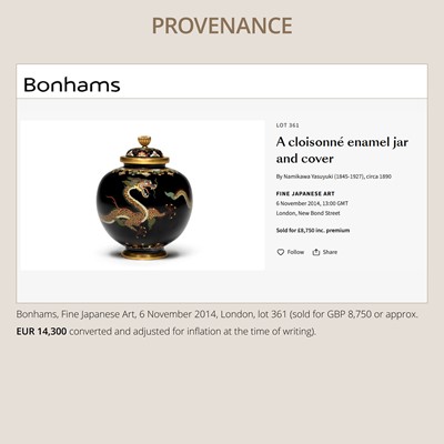 Lot 143 - NAMIKAWA YASUYUKI: A MAGNIFICENT BLACK-GROUND CLOISONNÉ ENAMEL ‘WRITHING DRAGONS’ SPHERICAL JAR AND COVER