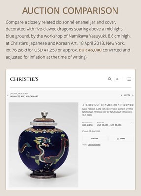 Lot 143 - NAMIKAWA YASUYUKI: A MAGNIFICENT BLACK-GROUND CLOISONNÉ ENAMEL ‘WRITHING DRAGONS’ SPHERICAL JAR AND COVER