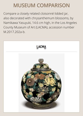 Lot 144 - NAMIKAWA YASUYUKI: A SUPERB MIDNIGHT-BLUE GROUND CLOISONNÉ ENAMEL ‘BLOSSOMING CHRYSANTHEMUMS’ SPHERICAL JAR AND COVER