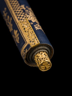 Lot 101 - AN IMPORTANT GOLD AND INDIGO-DYED MAKIMONO (HAND SCROLL) DEPICTING CHAPTER 28 OF THE HOKKE-KYO (LOTUS SUTRA), COMMISSIONED IN MEMORY OF THE SHOGUN TOKUGAWA IEYASU, C. 1636