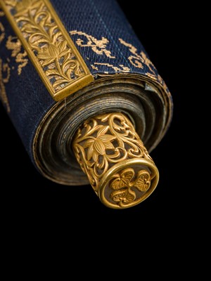 Lot 101 - AN IMPORTANT GOLD AND INDIGO-DYED MAKIMONO (HAND SCROLL) DEPICTING CHAPTER 28 OF THE HOKKE-KYO (LOTUS SUTRA), COMMISSIONED IN MEMORY OF THE SHOGUN TOKUGAWA IEYASU, C. 1636