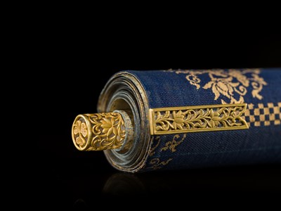 Lot 101 - AN IMPORTANT GOLD AND INDIGO-DYED MAKIMONO (HAND SCROLL) DEPICTING CHAPTER 28 OF THE HOKKE-KYO (LOTUS SUTRA), COMMISSIONED IN MEMORY OF THE SHOGUN TOKUGAWA IEYASU, C. 1636