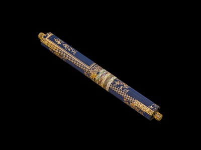 Lot 101 - AN IMPORTANT GOLD AND INDIGO-DYED MAKIMONO (HAND SCROLL) DEPICTING CHAPTER 28 OF THE HOKKE-KYO (LOTUS SUTRA), COMMISSIONED IN MEMORY OF THE SHOGUN TOKUGAWA IEYASU, C. 1636