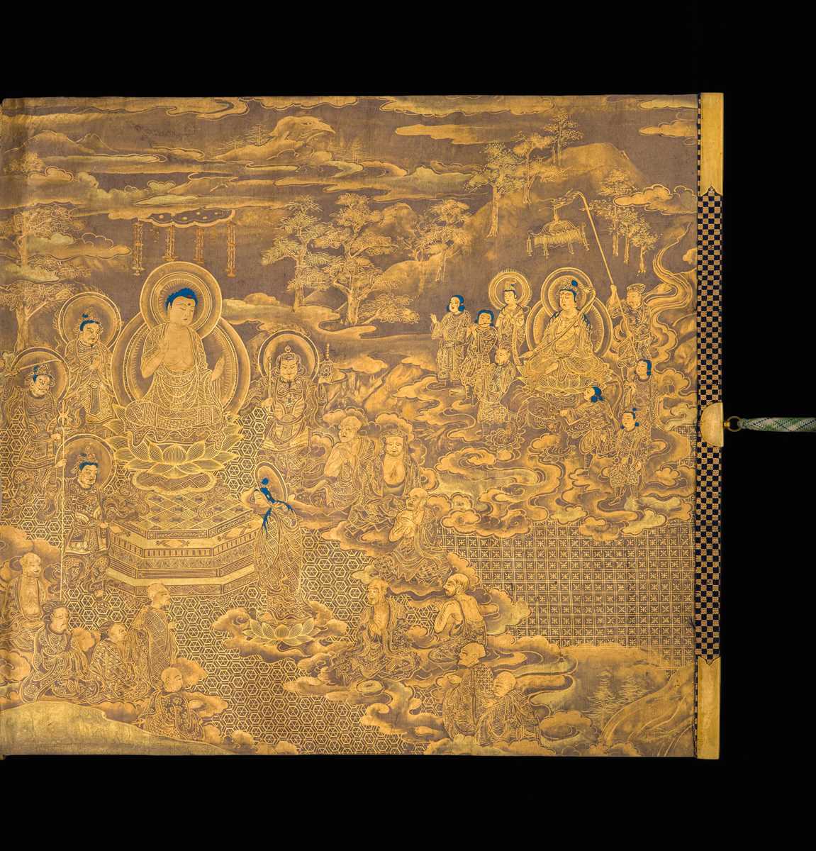 Lot 101 - AN IMPORTANT GOLD AND INDIGO-DYED MAKIMONO (HAND SCROLL) DEPICTING CHAPTER 28 OF THE HOKKE-KYO (LOTUS SUTRA), COMMISSIONED IN MEMORY OF THE SHOGUN TOKUGAWA IEYASU, C. 1636