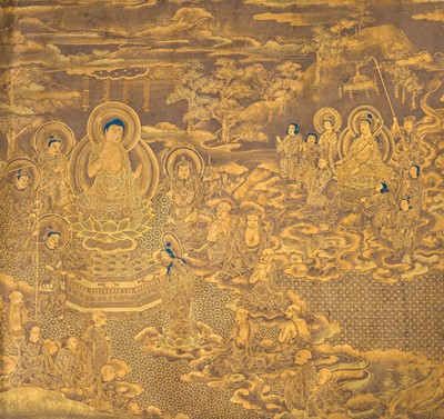 Lot 101 - AN IMPORTANT GOLD AND INDIGO-DYED MAKIMONO (HAND SCROLL) DEPICTING CHAPTER 28 OF THE HOKKE-KYO (LOTUS SUTRA), COMMISSIONED IN MEMORY OF THE SHOGUN TOKUGAWA IEYASU, C. 1636