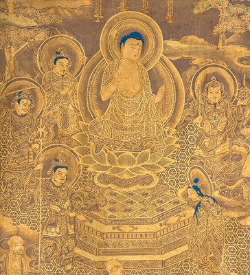 Lot 101 - AN IMPORTANT GOLD AND INDIGO-DYED MAKIMONO (HAND SCROLL) DEPICTING CHAPTER 28 OF THE HOKKE-KYO (LOTUS SUTRA), COMMISSIONED IN MEMORY OF THE SHOGUN TOKUGAWA IEYASU, C. 1636