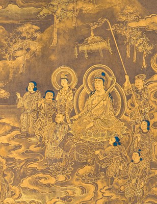 Lot 101 - AN IMPORTANT GOLD AND INDIGO-DYED MAKIMONO (HAND SCROLL) DEPICTING CHAPTER 28 OF THE HOKKE-KYO (LOTUS SUTRA), COMMISSIONED IN MEMORY OF THE SHOGUN TOKUGAWA IEYASU, C. 1636