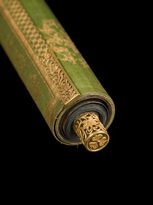 Lot 100 - AN IMPORTANT GOLD AND INDIGO-DYED MAKIMONO (HAND SCROLL) DEPICTING CHAPTER 12 OF THE HOKKE-KYO (LOTUS SUTRA), COMMISSIONED IN MEMORY OF THE SHOGUN TOKUGAWA IEYASU, C. 1636