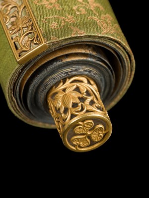 Lot 100 - AN IMPORTANT GOLD AND INDIGO-DYED MAKIMONO (HAND SCROLL) DEPICTING CHAPTER 12 OF THE HOKKE-KYO (LOTUS SUTRA), COMMISSIONED IN MEMORY OF THE SHOGUN TOKUGAWA IEYASU, C. 1636