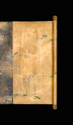 Lot 100 - AN IMPORTANT GOLD AND INDIGO-DYED MAKIMONO (HAND SCROLL) DEPICTING CHAPTER 12 OF THE HOKKE-KYO (LOTUS SUTRA), COMMISSIONED IN MEMORY OF THE SHOGUN TOKUGAWA IEYASU, C. 1636