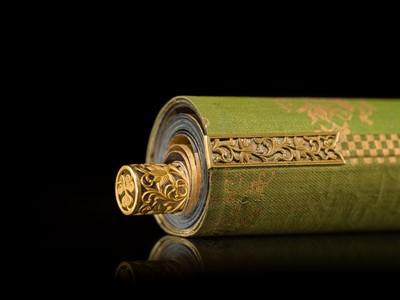 Lot 100 - AN IMPORTANT GOLD AND INDIGO-DYED MAKIMONO (HAND SCROLL) DEPICTING CHAPTER 12 OF THE HOKKE-KYO (LOTUS SUTRA), COMMISSIONED IN MEMORY OF THE SHOGUN TOKUGAWA IEYASU, C. 1636