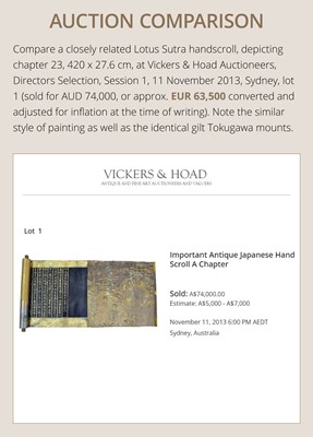 Lot 100 - AN IMPORTANT GOLD AND INDIGO-DYED MAKIMONO (HAND SCROLL) DEPICTING CHAPTER 12 OF THE HOKKE-KYO (LOTUS SUTRA), COMMISSIONED IN MEMORY OF THE SHOGUN TOKUGAWA IEYASU, C. 1636