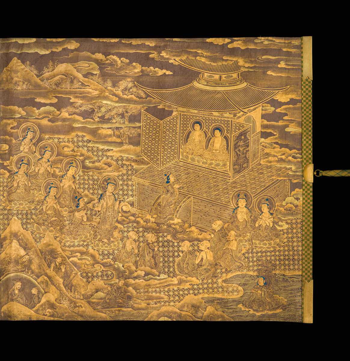 Lot 100 - AN IMPORTANT GOLD AND INDIGO-DYED MAKIMONO (HAND SCROLL) DEPICTING CHAPTER 12 OF THE HOKKE-KYO (LOTUS SUTRA), COMMISSIONED IN MEMORY OF THE SHOGUN TOKUGAWA IEYASU, C. 1636