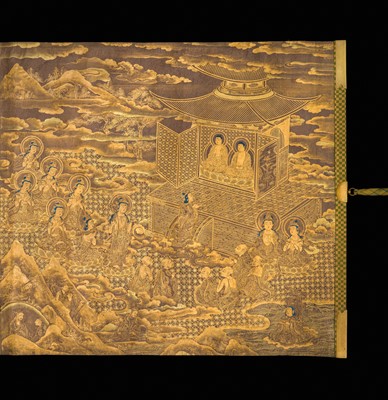 Lot 100 - AN IMPORTANT GOLD AND INDIGO-DYED MAKIMONO (HAND SCROLL) DEPICTING CHAPTER 12 OF THE HOKKE-KYO (LOTUS SUTRA), COMMISSIONED IN MEMORY OF THE SHOGUN TOKUGAWA IEYASU, C. 1636
