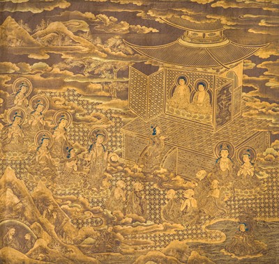 Lot 100 - AN IMPORTANT GOLD AND INDIGO-DYED MAKIMONO (HAND SCROLL) DEPICTING CHAPTER 12 OF THE HOKKE-KYO (LOTUS SUTRA), COMMISSIONED IN MEMORY OF THE SHOGUN TOKUGAWA IEYASU, C. 1636