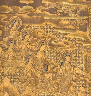 Lot 100 - AN IMPORTANT GOLD AND INDIGO-DYED MAKIMONO (HAND SCROLL) DEPICTING CHAPTER 12 OF THE HOKKE-KYO (LOTUS SUTRA), COMMISSIONED IN MEMORY OF THE SHOGUN TOKUGAWA IEYASU, C. 1636