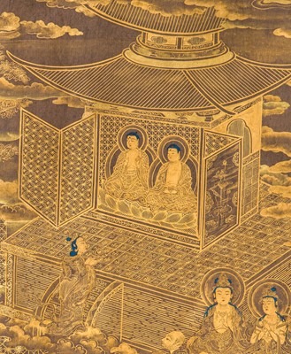 Lot 100 - AN IMPORTANT GOLD AND INDIGO-DYED MAKIMONO (HAND SCROLL) DEPICTING CHAPTER 12 OF THE HOKKE-KYO (LOTUS SUTRA), COMMISSIONED IN MEMORY OF THE SHOGUN TOKUGAWA IEYASU, C. 1636