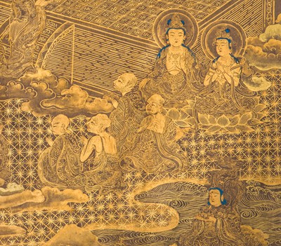 Lot 100 - AN IMPORTANT GOLD AND INDIGO-DYED MAKIMONO (HAND SCROLL) DEPICTING CHAPTER 12 OF THE HOKKE-KYO (LOTUS SUTRA), COMMISSIONED IN MEMORY OF THE SHOGUN TOKUGAWA IEYASU, C. 1636