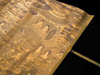 Lot 100 - AN IMPORTANT GOLD AND INDIGO-DYED MAKIMONO (HAND SCROLL) DEPICTING CHAPTER 12 OF THE HOKKE-KYO (LOTUS SUTRA), COMMISSIONED IN MEMORY OF THE SHOGUN TOKUGAWA IEYASU, C. 1636