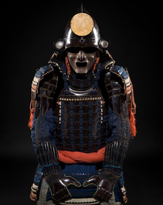 AN OKEGAWA NIMAI-DO GUSOKU (TWO-PIECE CUIRASS ARMOR) AND AN IRON MOMONARI KABUTO