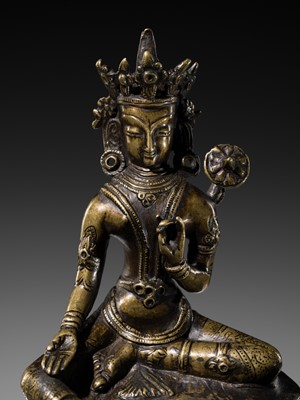Lot 50 - A BRONZE FIGURE OF GREEN TARA, TIBET, CIRCA 15TH-16TH CENTURY