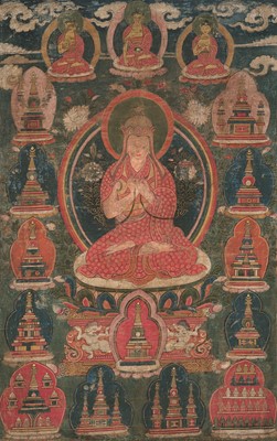 Lot 90 - A THANGKA OF THE PRAYER MASTER NYAMME SHERAB GYALTSEN, TIBET, 18TH-19TH CENTURY