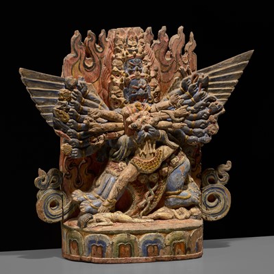 Lot 60 - A POLYCHROME WOOD FIGURE OF WALCHEN GEKHO, TIBET, 18TH CENTURY