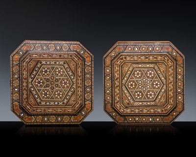 Lot 376 - A PAIR OF MOTHER-OF-PEARL AND BONE INLAID WOOD STORAGE BOXES, OTTOMAN EMPIRE, 19TH CENTURY