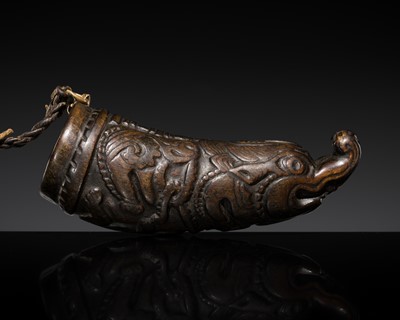 Lot 13 - A WOOD EXORCIST'S HORN, THUN RVA, TIBET, 18TH CENTURY