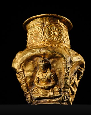 Lot 415 - AN EXCEEDINGLY RARE GOLD REPOUSSÉ ‘FOUR BODHISATTVAS’ JAR, ANCIENT REGION OF GANDHARA