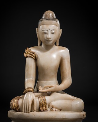 Lot 484 - A FINE GILT-LACQUERED AND PAINTED WHITE MARBLE FIGURE OF BUDDHA, SHAN STATES, 19TH CENTURY
