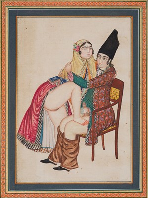 Lot 371 - A QAJAR EROTIC PAINTING, QAJAR IRAN, 19TH CENTURY