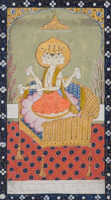 Lot 361 - A FINE INDIAN MINIATURE PAINTING DEPICTING BRAHMA SEATED ON A LOTUS FLOWER, PAHARI, 18TH CENTURY