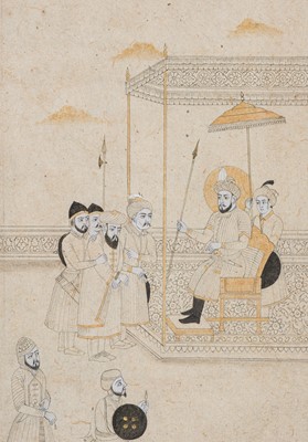 Lot 367 - A FINE MUGHAL PAINTING DEPICTING AN EMPEROR’S COURT, 18TH-19TH CENTURY