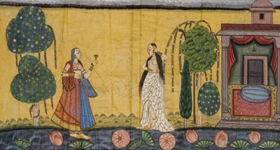 Lot 369 - A LARGE BASOHLI PAINTING DEPICTING A NAYIKA UNCONSCIOUS OF HER YOUTH, AJNATA-YAUVANA-MUGDHA, 18TH-19TH CENTURY