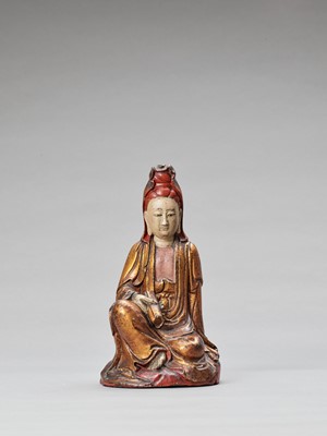 Lot 596 - A POLYCHROME AND GILT-LACQUERED WOOD FIGURE OF GUANYIN, QING