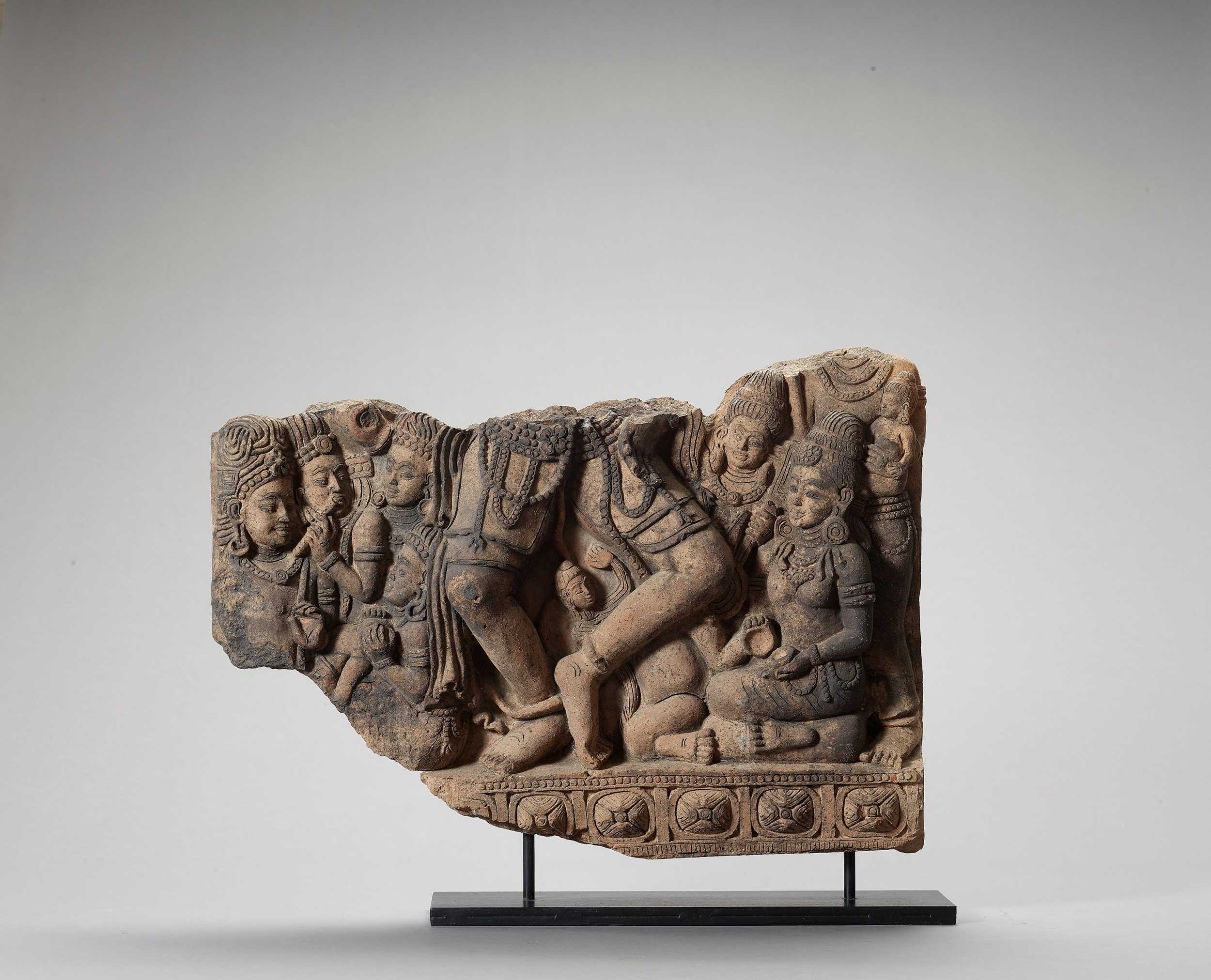 Lot 1206 - A MASSIVE AND HEAVY INDIAN TERRACOTTA FRAGMENT WITH FEMALE DEITIES