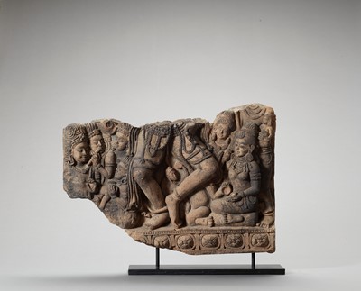 Lot 1206 - A MASSIVE AND HEAVY INDIAN TERRACOTTA FRAGMENT WITH FEMALE DEITIES
