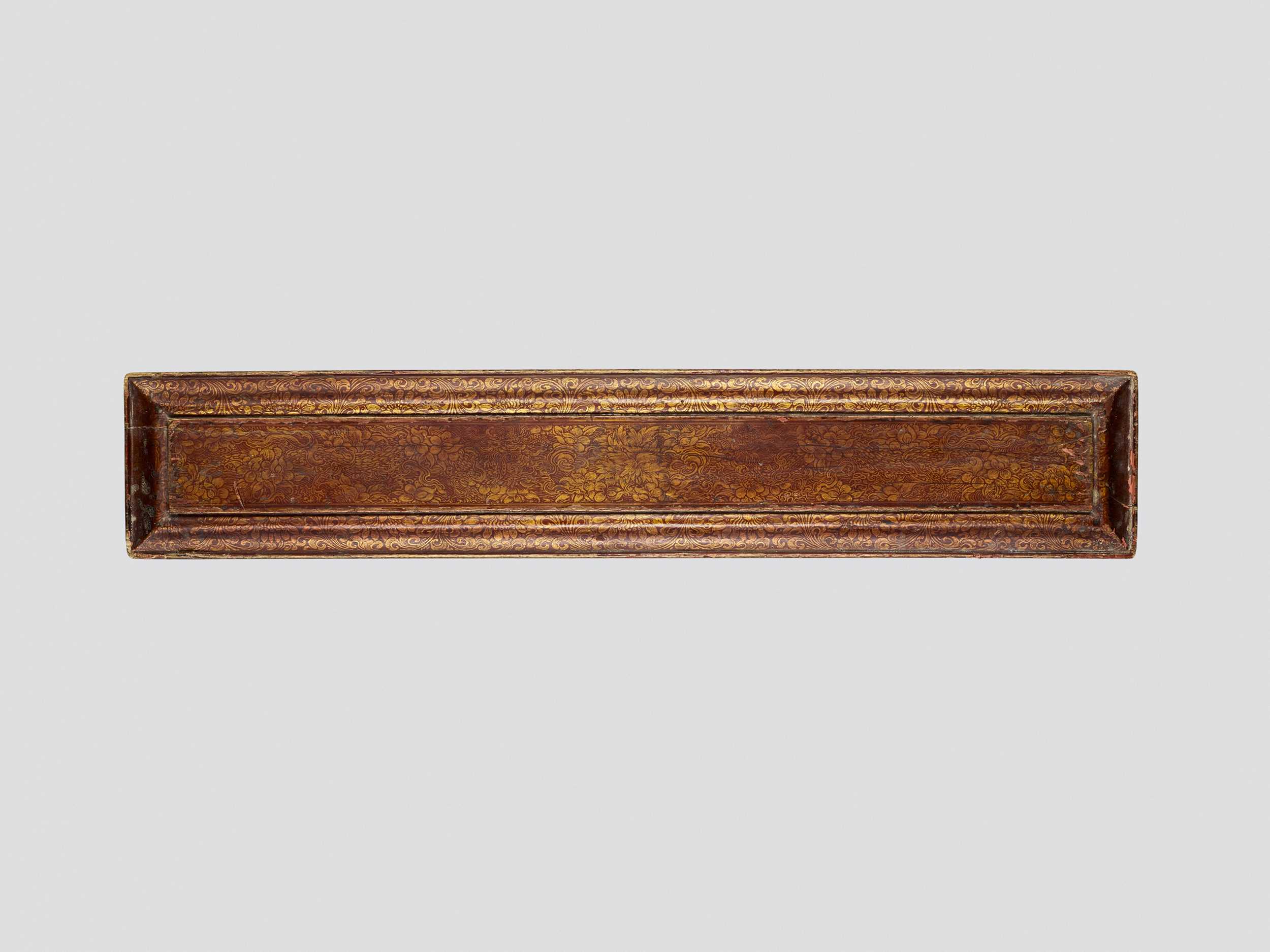 Lot 1326 - A CARVED AND LACQUERED WOOD MANUSCRIPT COVER, 19TH CENTURY