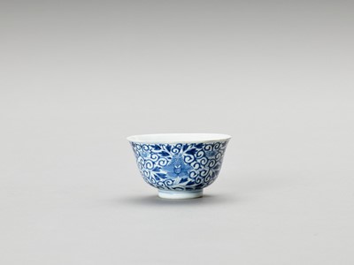 Lot 772 - A SMALL BLUE AND WHITE PORCELAIN ‘LOTUS’ BOWL, QIANLONG MARK AND PERIOD
