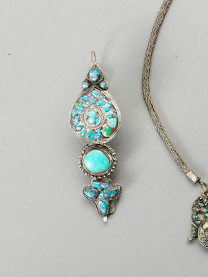 Lot 163 - A PAIR OF SILVER-PLATED METAL AND TURQUOISE EARINGS
