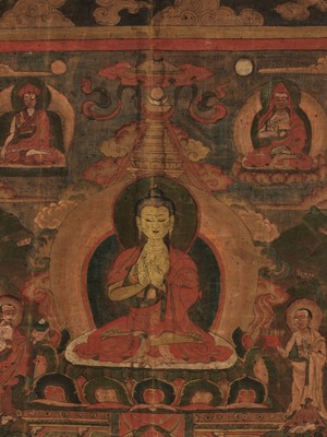 Lot 447 - A TIBETAN THANGKA DEPICTING BUDDHA SHAKYAMUNI, 19TH CENTURY