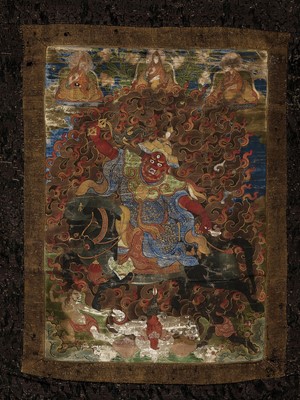 Lot 926 - A TIBETAN THANGKA DEPICTING MAHAKALA ON HORSE, C. 1700