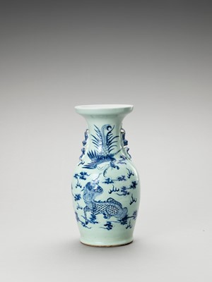 Lot 811 - A BLUE AND WHITE CELADON-GLAZED ‘QILIN AND PHOENIX’ VASE, LATE QING