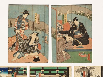 Lot 477 - KUNISADA: ONE DIPTYCH AND ONE TRIPTYCH ORIGINAL COLOR WOODBLOCK PRINT