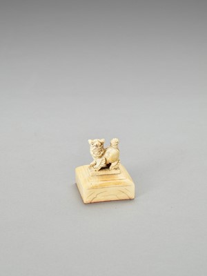 Lot 740 - A CARVED IVORY ‘BUDDHIST LION’ SEAL, LATE QING