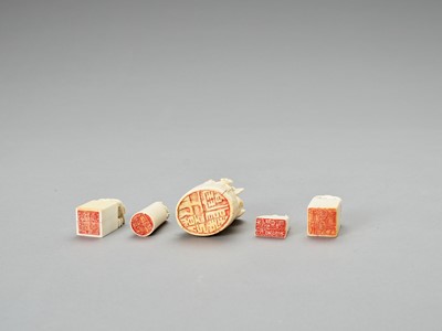 Lot 743 - FIVE CARVED IVORY SEALS WITH MYTHCIAL BEINGS, LATE QING