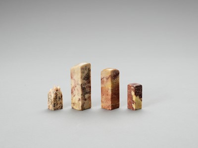 Lot 750 - FOUR CARVED SOAPSTONE SEALS, LATE QING