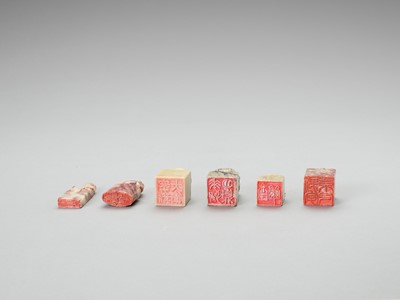 Lot 753 - SIX CARVED SOAPSTONE SEALS, LATE QING TO REPUBLIC